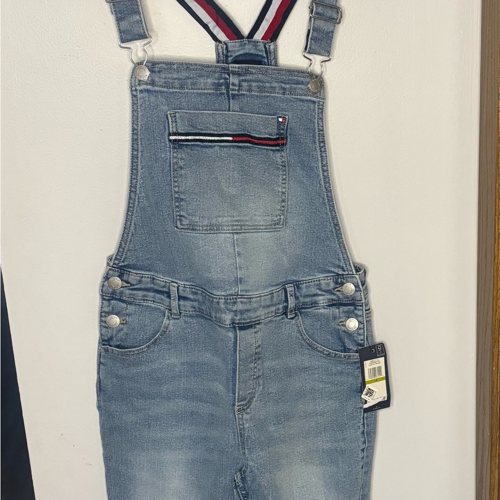 Tommy Hilfiger Light Blue Denim Overalls with Red, White & Navy Straps